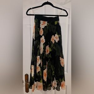 Wilfred Twirl Pleated Skirt, Black with Peach Flowers and Green Accents